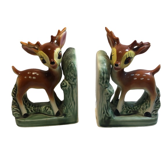 1950s Ceramic Deer Bookends Spotted White Tale Fawns Made in Japan Kitsch Bambi” - Picture 1 of 13